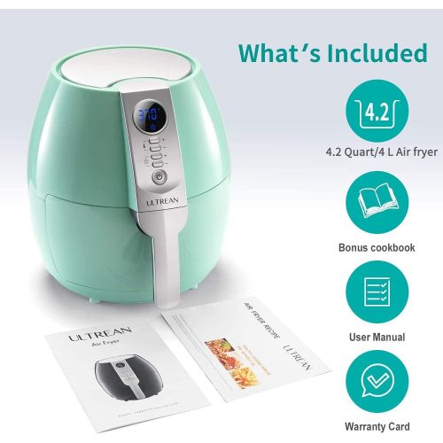  Ultrean Hot Air Fryer, 4.6.8 L Hot Air Fryer, Air Fryer, Fryer without Oil, with LCD, Recipe Book on Deutch (4L, Mint Green)