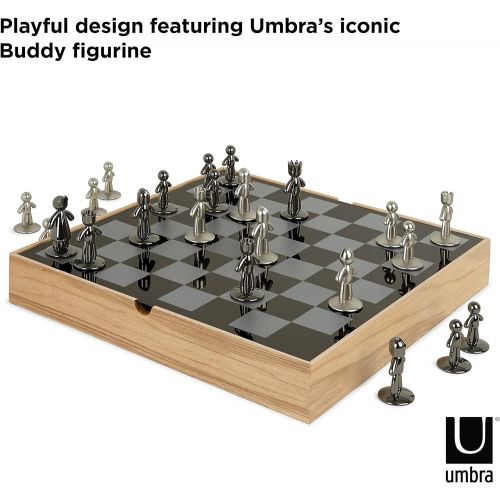  Umbra Buddy Chess Set For Kids & Adults ? Modern Original Chessboard Game Made of Metal With Nickel & Titanium Finish ? Measures 13 x 13 by 1 ½ Inch (33 x 33 x 3.8 cm) - Velvet Bot