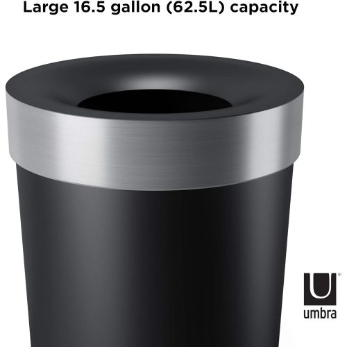  Umbra Vento Open Top 16.5-Gallon Kitchen Trash Large, Garbage Can for Indoor, Outdoor or Commercial Use, Black/Nickel