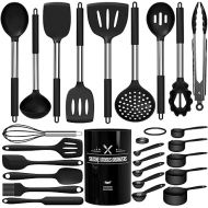 Silicone Kitchen Utensils Set, Umite Chef Large Heat Resistant Cooking Utensil, 26Pcs Silicone Spatulas Set, Stainless Steel Handle, Black Kitchen Gadgets Tools Set for Nonstick Cookware