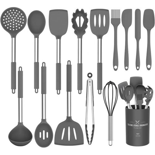  Silicone Cooking Utensil Set,Umite Chef Kitchen Utensils 15pcs Cooking Utensils Set Non-stick Heat Resistan BPA-Free Silicone Stainless Steel Handle Cooking Tools Whisk Kitchen Too