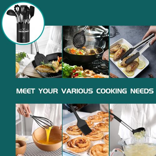 Silicone Cooking Utensil Set,Umite Chef Kitchen Utensils 15pcs Cooking Utensils Set Non-stick Heat Resistan BPA-Free Silicone Stainless Steel Handle Cooking Tools Whisk Kitchen Too