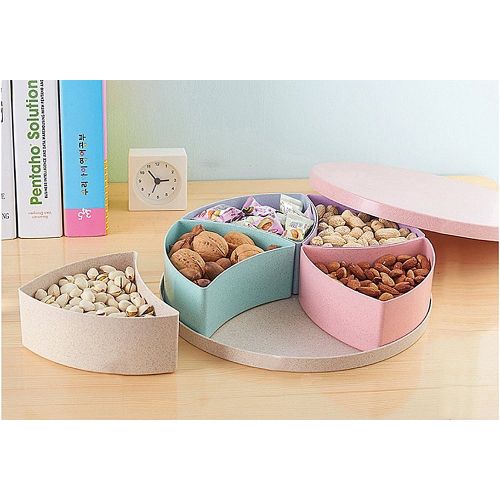  Snack Serving Tray, Umiwe 5-Section Divided Round Wheat Straw Serving Dish Appetizer Platter Fruit Plate Nut Bowl Candy Box Holder for Wedding Festival Guests Entertainment