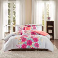 Un 5 Piece Girls Coral Pink Flower Pattern Comforter Full Queen Set, Floral Bedding Large Flowers White Blue Yellow Garden Inspired Girly Colors Botanical, Reverse Solid, Polyester