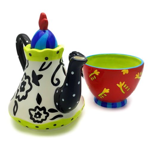  Unbekannt Teekanne  Teekanne Keramik in froehlichen Farben im aussergewoehnlichen Design und handbemalt in beige schwarz bunt, Geschenkset Teekanne fuer besondere Menschen Geschenk-Idee