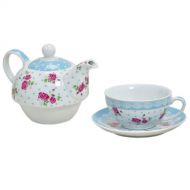 Unbekannt Tea for one Set 3-teilig Porzellan Teekanne mit Tasse und Untertasse mit Rosen und Blumen Motiv (Blau)