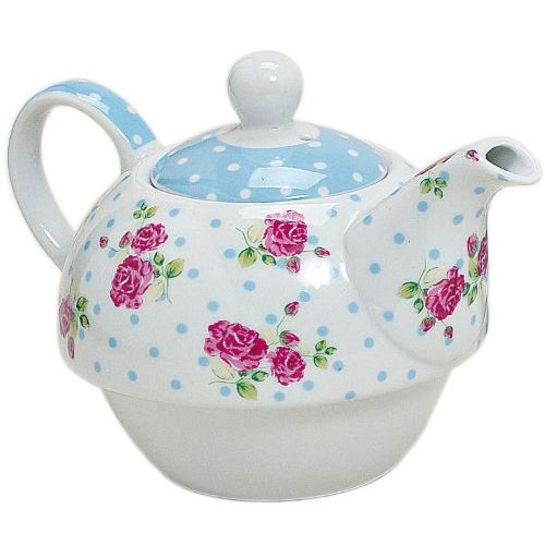  Unbekannt Tea for one Set 3-teilig Porzellan Teekanne mit Tasse und Untertasse mit Rosen und Blumen Motiv (Blau)