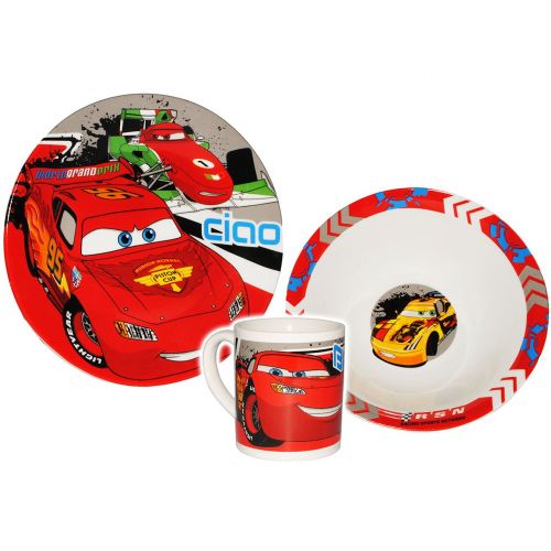  Unbekannt 3 TLG. Geschirrset - Disney Cars - Porzellan Trinkbecher + Teller + Mueslischale - Kindergeschirr Keramik Fruehstuecksset fuer Kinder Jungen - Lightning Mc Queen ..