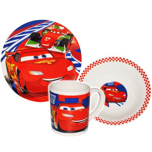  Unbekannt 3 TLG. Geschirrset - Disney Cars - Porzellan Trinkbecher + Teller + Mueslischale - Kindergeschirr Keramik Fruehstuecksset fuer Kinder Jungen - Lightning Mc Queen ..