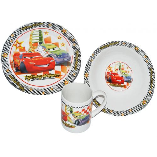  Unbekannt 3 TLG. Geschirrset - Disney Cars - Porzellan Trinkbecher + Teller + Mueslischale - Kindergeschirr Keramik Fruehstuecksset fuer Kinder Jungen - Lightning Mc Queen ..