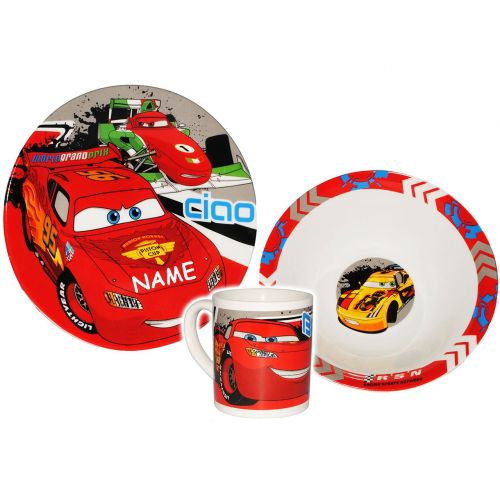  Unbekannt 3 TLG. Geschirrset - Disney Cars - Porzellan Trinkbecher + Teller + Mueslischale - Kindergeschirr Keramik Fruehstuecksset fuer Kinder Jungen - Lightning Mc Queen ..