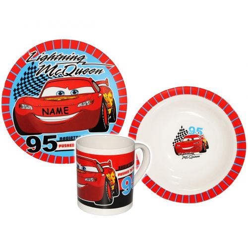  Unbekannt 3 TLG. Geschirrset - Disney Cars - Porzellan Trinkbecher + Teller + Mueslischale - Kindergeschirr Keramik Fruehstuecksset fuer Kinder Jungen - Lightning Mc Queen ..