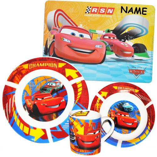  Unbekannt 4 TLG. Geschirrset Disney Cars - Lightning McQueen - incl. Namen - Porzellan Henkeltasse + Teller + Mueslischale + Unterlage - Kindergeschirr Keramik Fruehs..