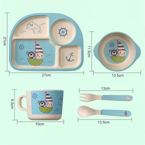  Unbekannt Per 5 stuecke Cartoon Geschirr Set Platte + Gabel + Schuessel + Tasse + Loeffel Bambusfaser Umweltfreundliche Fuetterung Set Fuer Kinder Kleinkinder Jungen und Maedchen