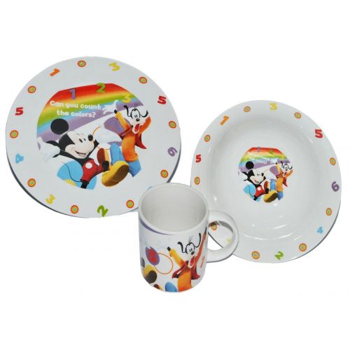  Unbekannt 3 TLG. Geschirrset - Mickey Mouse und Goofy - Porzellan Trinkbecher + Teller + Mueslischale - Kindergeschirr Fruehstuecksset Keramik fuer Kinder Jungen Madche..