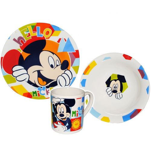  Unbekannt 3 TLG. Geschirrset - Mickey Mouse und Goofy - Porzellan Trinkbecher + Teller + Mueslischale - Kindergeschirr Fruehstuecksset Keramik fuer Kinder Jungen Madche..