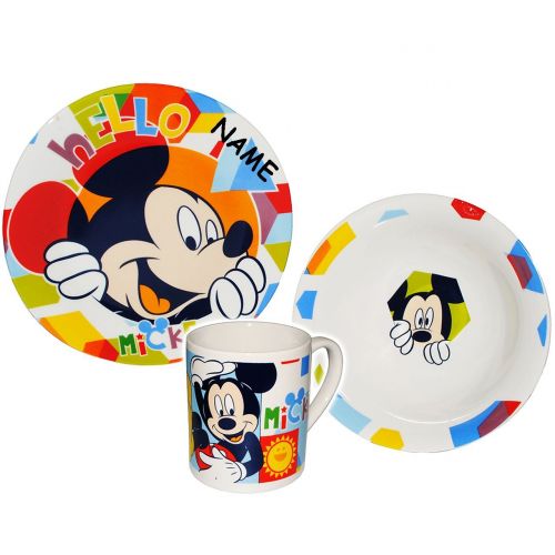  Unbekannt 3 TLG. Geschirrset - Mickey Mouse und Goofy - Porzellan Trinkbecher + Teller + Mueslischale - Kindergeschirr Fruehstuecksset Keramik fuer Kinder Jungen Madche..