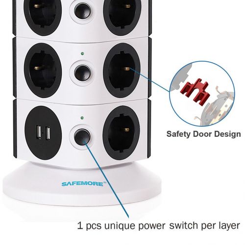  [아마존 핫딜]  [아마존핫딜]Unbekannt Safemore Turm berspannungsschutz 11 Steckdosen Steckdosen 2 USB Ladeanschluesse mit 6,5ft / 2M Verlangerungskabel fuer Haushaltsgerate(Weiss + Schwarz, 3L Serie)