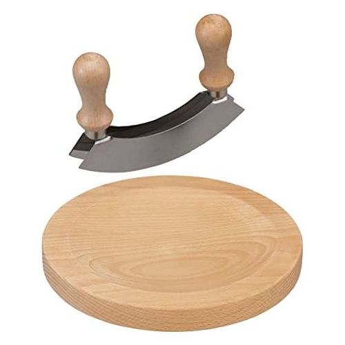  [아마존베스트]Unbekannt Chopper Beech Wood Board Round 24cm x 2.5cm with Double Blade Mincing Knife with Wooden Handles