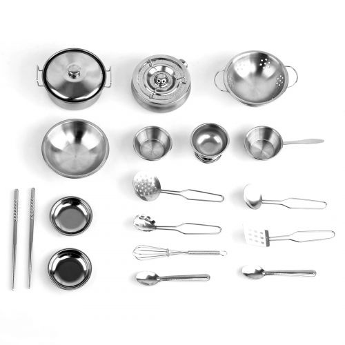  Unbrand 18Pcs Stainless Steel Kids Kitchen Toy Cooking Cookware Children Pretend & Play Kitchen Playset - Silver