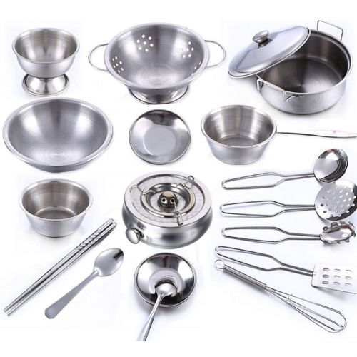  Unbrand 18Pcs Stainless Steel Kids Kitchen Toy Cooking Cookware Children Pretend & Play Kitchen Playset - Silver