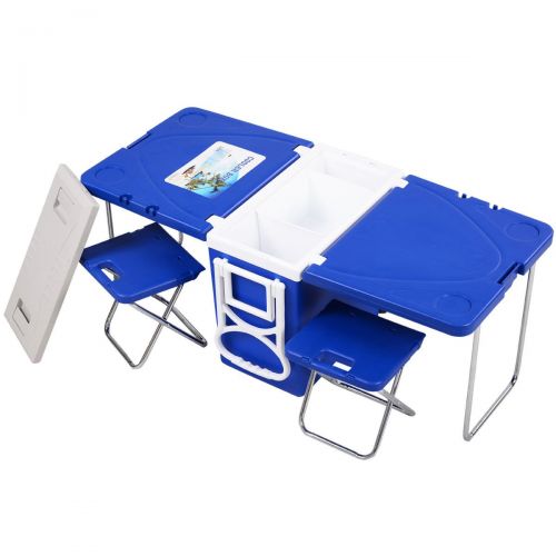  Unbrand unbrand Multi Function Rolling Cooler Picnic Camping Outdoor w/Table & 2 Chairs Blue