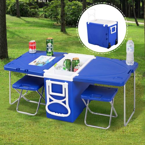  Unbrand unbrand Multi Function Rolling Cooler Picnic Camping Outdoor w/Table & 2 Chairs Blue