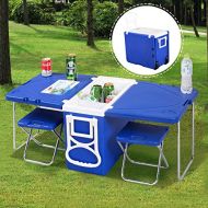 unbrand Multi Function Rolling Cooler Picnic Camping Outdoor w/Table & 2 Chairs Blue