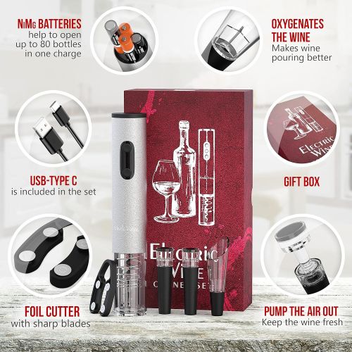  Electric Wine Opener Set with Charger and Batteries- Holiday Gift Set - Christmas Gift Idea Holiday Kit with Batteries and Foil Cutter Uncle Viner G105