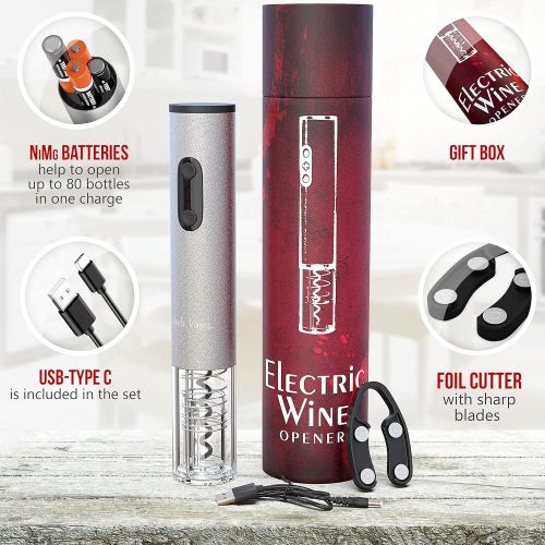  [아마존베스트]Uncle Viner Electric Wine Opener with Charger and Batteries Wine Lover Gift Set - Christmas Kit with Batteries and Foil Cutter G103