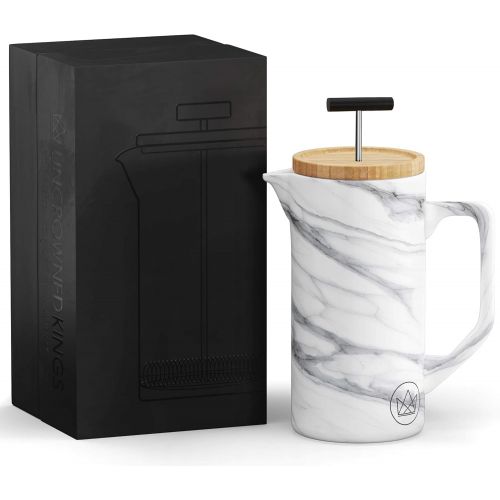  [아마존베스트]Uncrowned Kings French Press - Coffee Maker - Ceramic With Marble Effect - 600ml - Ideal for Brewing Coffee and Tea - Ensures Rich Flavour - Stainless Steel Dual Filter and Bamboo
