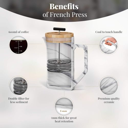  [아마존베스트]Uncrowned Kings French Press - Coffee Maker - Ceramic With Marble Effect - 600ml - Ideal for Brewing Coffee and Tea - Ensures Rich Flavour - Stainless Steel Dual Filter and Bamboo