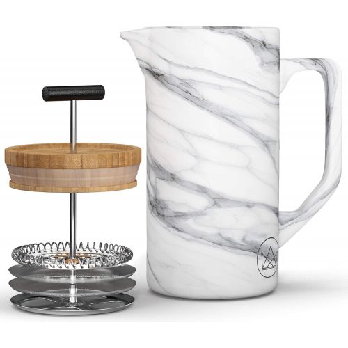  [아마존베스트]Uncrowned Kings French Press - Coffee Maker - Ceramic With Marble Effect - 600ml - Ideal for Brewing Coffee and Tea - Ensures Rich Flavour - Stainless Steel Dual Filter and Bamboo