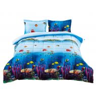 Under 2 Piece Box Stitched 3d Ocean Corals Prints Comforter Set (D07) (Twin)