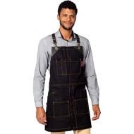 Under NY Sky Cargo Black Apron ? Cross-Back with Leather Straps, Heavy-Duty Waxed Canvas and Split-Leg ? Adjustable for Men and Women ? Pro Woodworker, Mechanic, Blacksmith, Welder