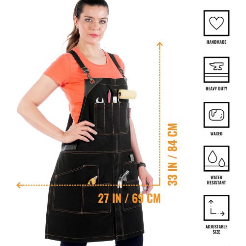  Under NY Sky Cargo Black Apron ? Cross-Back with Leather Straps, Heavy-Duty Waxed Canvas and Split-Leg ? Adjustable for Men and Women ? Pro Woodworker, Mechanic, Blacksmith, Welder