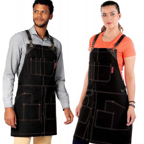  Under NY Sky Cargo Black Apron ? Cross-Back with Leather Straps, Heavy-Duty Waxed Canvas and Split-Leg ? Adjustable for Men and Women ? Pro Woodworker, Mechanic, Blacksmith, Welder