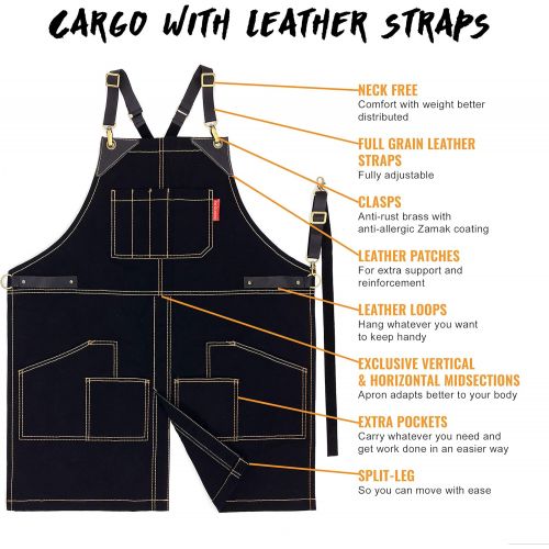  Under NY Sky Cargo Black Apron ? Cross-Back with Leather Straps, Heavy-Duty Waxed Canvas and Split-Leg ? Adjustable for Men and Women ? Pro Woodworker, Mechanic, Blacksmith, Welder