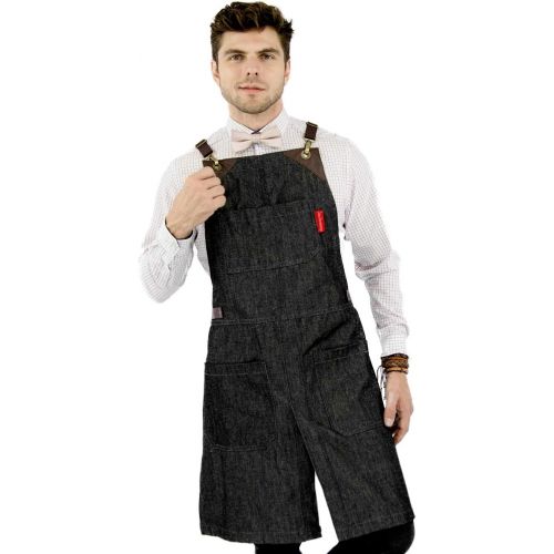  Under NY Sky Cargo Black Apron  Cross-Back with Leather Straps, Heavy-Duty Waxed Canvas and Split-Leg  Adjustable for Men and Women  Pro Woodworker, Mechanic, Blacksmith, Welder