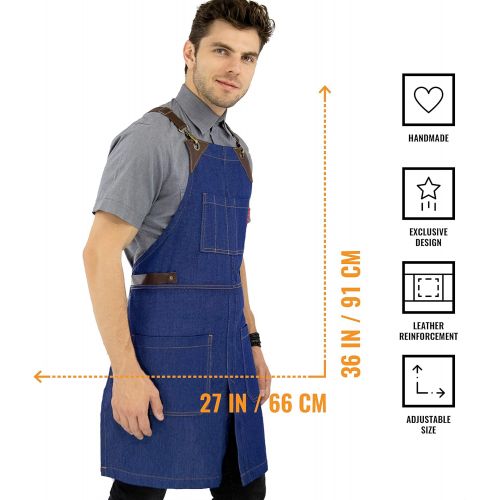  Under NY Sky Cargo Black Apron  Cross-Back with Leather Straps, Heavy-Duty Waxed Canvas and Split-Leg  Adjustable for Men and Women  Pro Woodworker, Mechanic, Blacksmith, Welder