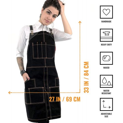  Under NY Sky Cargo Black Apron  Cross-Back with Leather Straps, Heavy-Duty Waxed Canvas and Split-Leg  Adjustable for Men and Women  Pro Woodworker, Mechanic, Blacksmith, Welder
