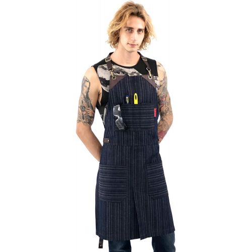  Under NY Sky Cargo Black Apron  Cross-Back with Leather Straps, Heavy-Duty Waxed Canvas and Split-Leg  Adjustable for Men and Women  Pro Woodworker, Mechanic, Blacksmith, Welder