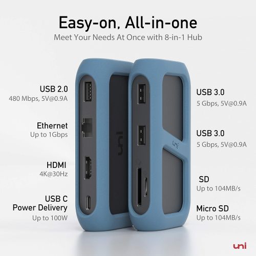  [아마존 핫딜] Uni USB C Hub Ethernet 8-in-1 Aluminum Adapter for 2019 MacBook Pro, uni USB C to HDMI 4K, 1 Gbps Ethernet, SD Card Reader, PD 100W, USB 3.0 with 8 Long Detachable Cord, Compatible for