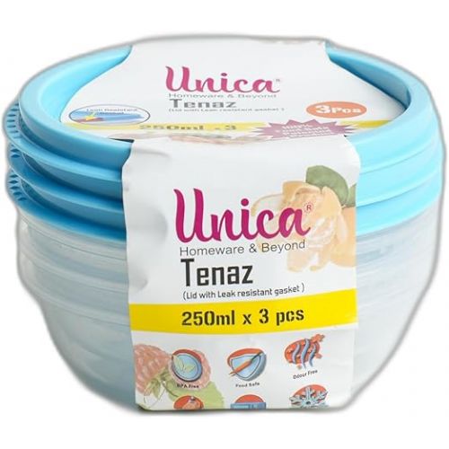  Unica Round Food Container, BPA-free Microwave Bowls with Lids, Airtight Container, Stackable Mixing Bowl Set, Freezer & Dishwasher Safe, Set of 3, Blue