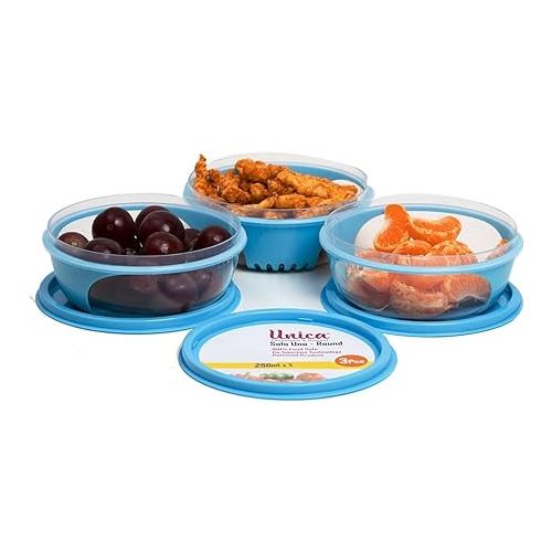  Unica Round Food Container, BPA-free Microwave Bowls with Lids, Airtight Container Serving, Stackable Mixing Bowl Set, Freezer & Dishwasher Safe, Set of 3, Blue, 8 oz, 4.56x4.56x1.61 in