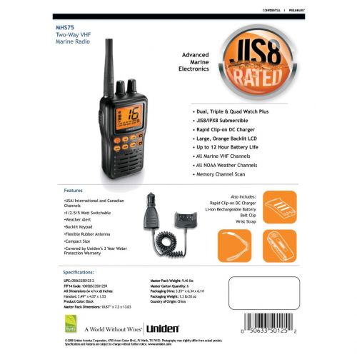  Uniden MHS75 Handheld Marine Radio