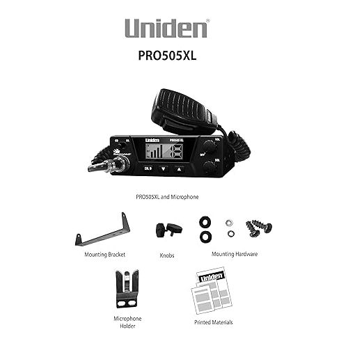  Uniden PRO505XL 40-Channel CB Radio. Pro-Series, Compact Design. Public Address (PA) Function. Instant Emergency Channel 9, External Speaker Jack, Large Easy to Read Display. - Black