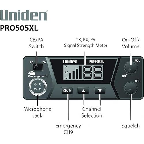  Uniden PRO505XL 40-Channel CB Radio. Pro-Series, Compact Design. Public Address (PA) Function. Instant Emergency Channel 9, External Speaker Jack, Large Easy to Read Display. - Black