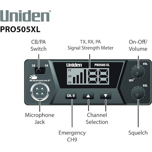  Uniden PRO505XL 40-Channel CB Radio. Pro-Series, Compact Design. Public Address (PA) Function. Instant Emergency Channel 9, External Speaker Jack, Large Easy to Read Display. - Black