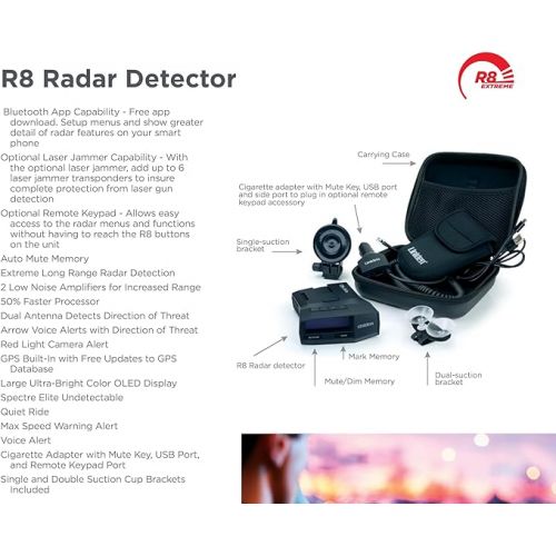  UNIDEN R8 Extreme Long-Range Radar/Laser Detector, Dual-Antennas Front & Rear Detection w/Directional Arrows, Built-in GPS w/Real-Time Alerts, Voice Alerts, Red Light Camera and Speed Camera Alerts